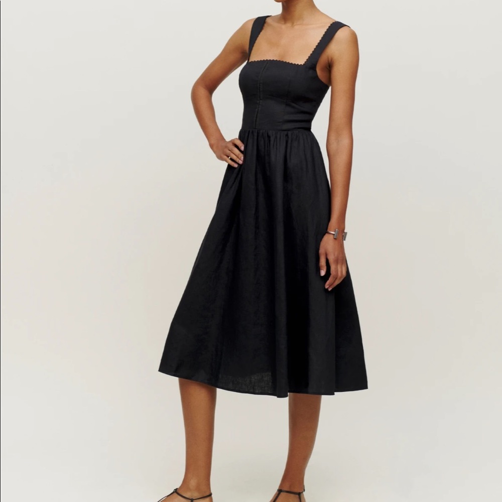 Reformation Black Scalloped-Trim Midi Dress
